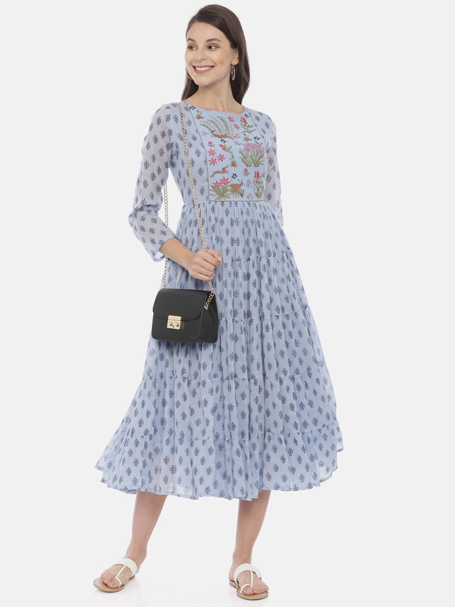 Neerus Blue cotton embroidered flared kurta - detail view 3