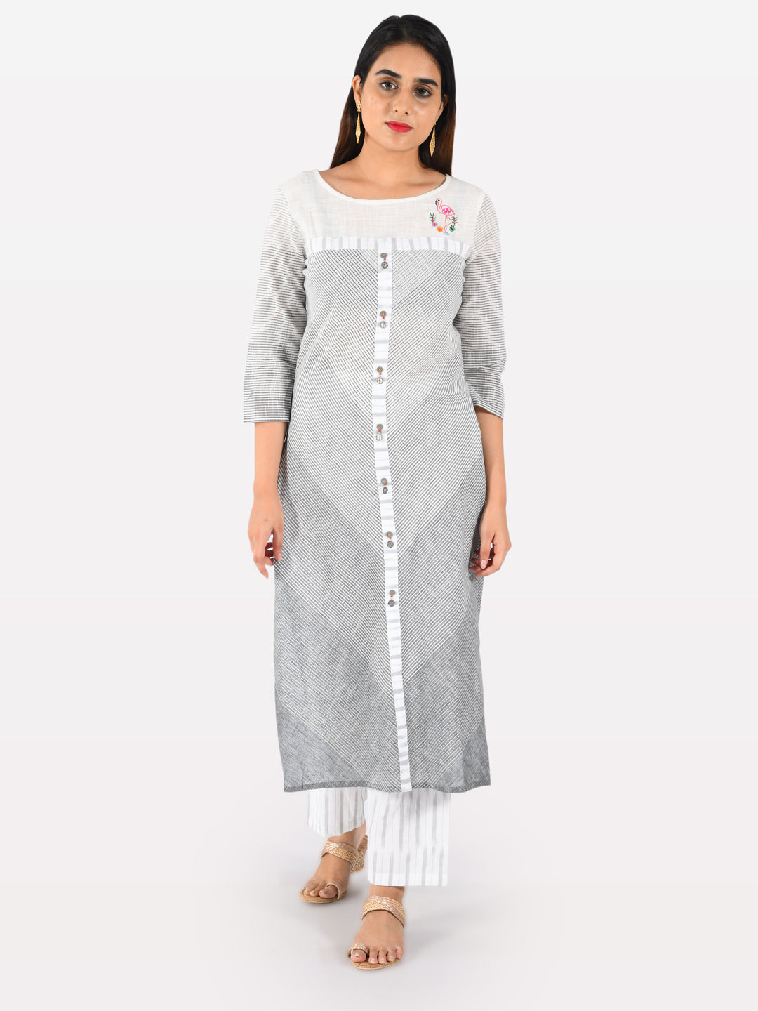 Neerus Grey cotton printed straight kurta - front view