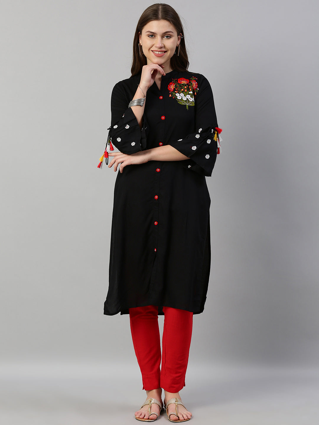 Neerus Black rayon embroidered straight kurti - front view