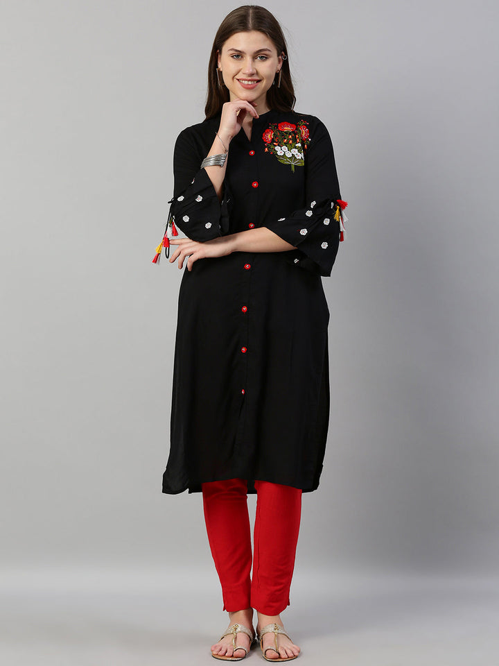 Neerus Black rayon embroidered straight kurti - front view