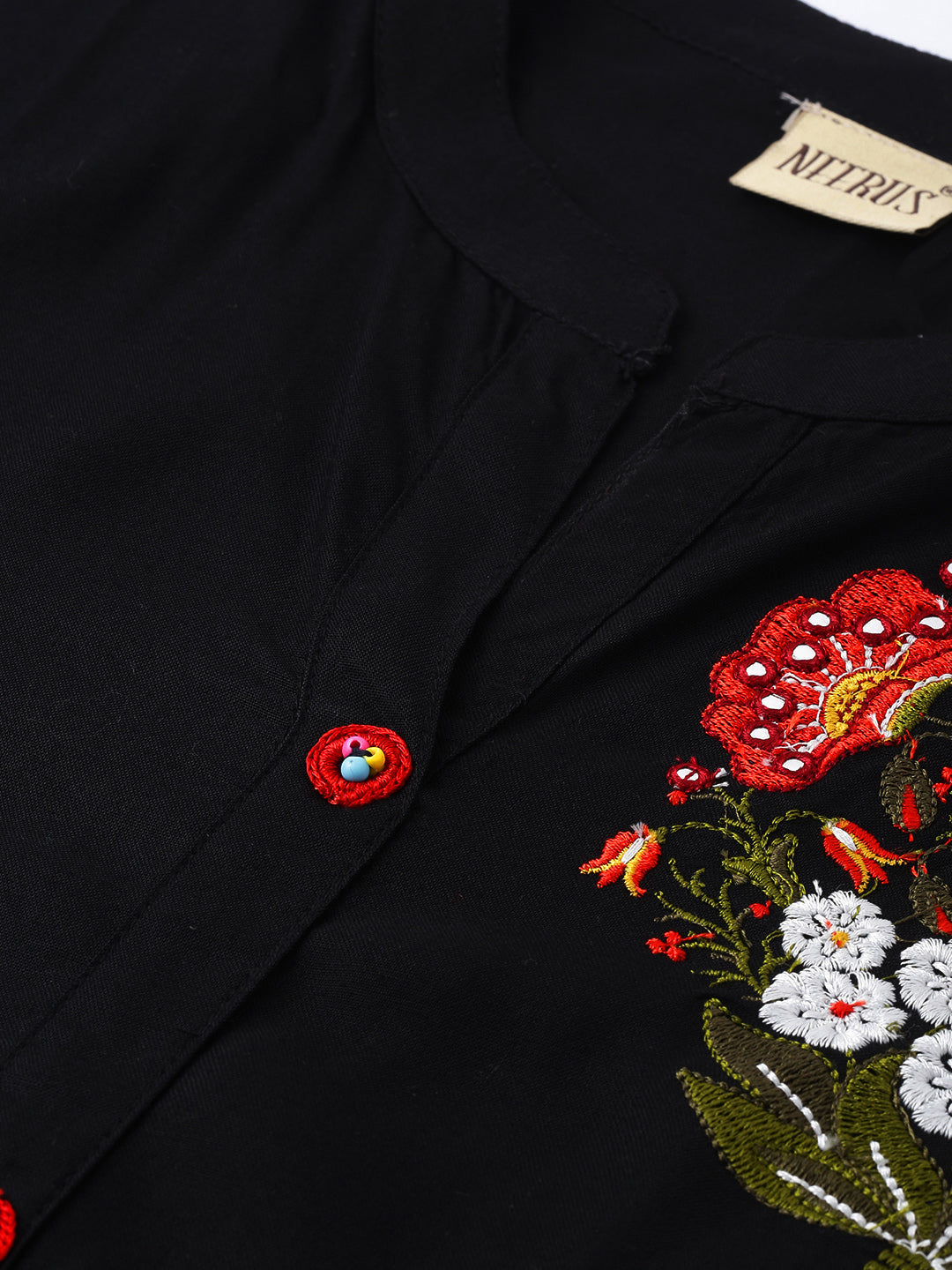 Neerus Black rayon embroidered straight kurti - back view