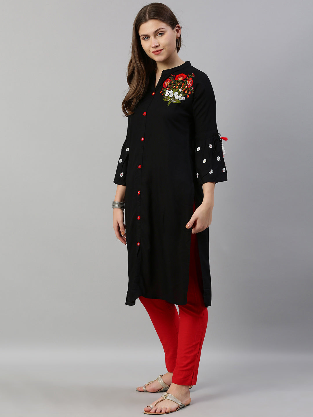 Neerus Black rayon embroidered straight kurti - side view