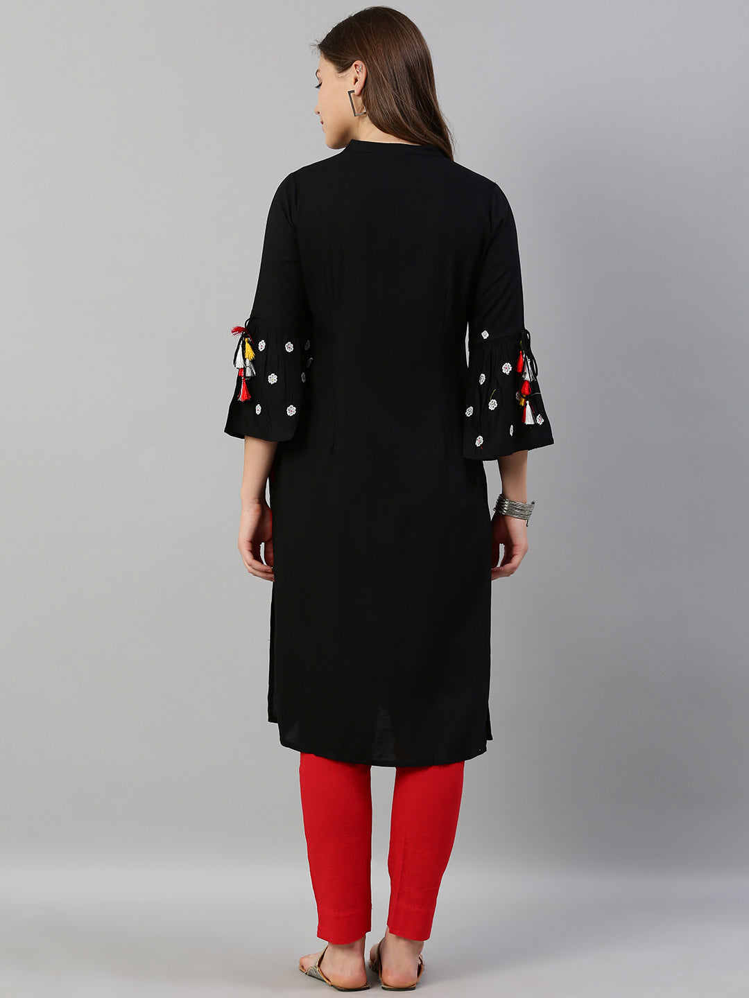 Neerus Black rayon embroidered straight kurti - detail view 1