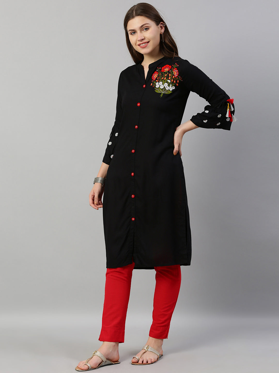 Neerus Black rayon embroidered straight kurti - detail view 2