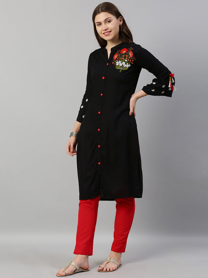 Neerus Black rayon embroidered straight kurti - detail view 2