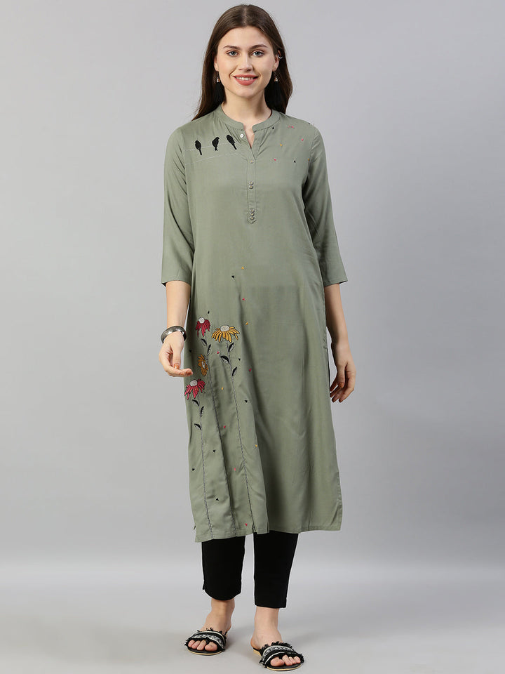 Neerus Green rayon embroidered straight kurta - front view