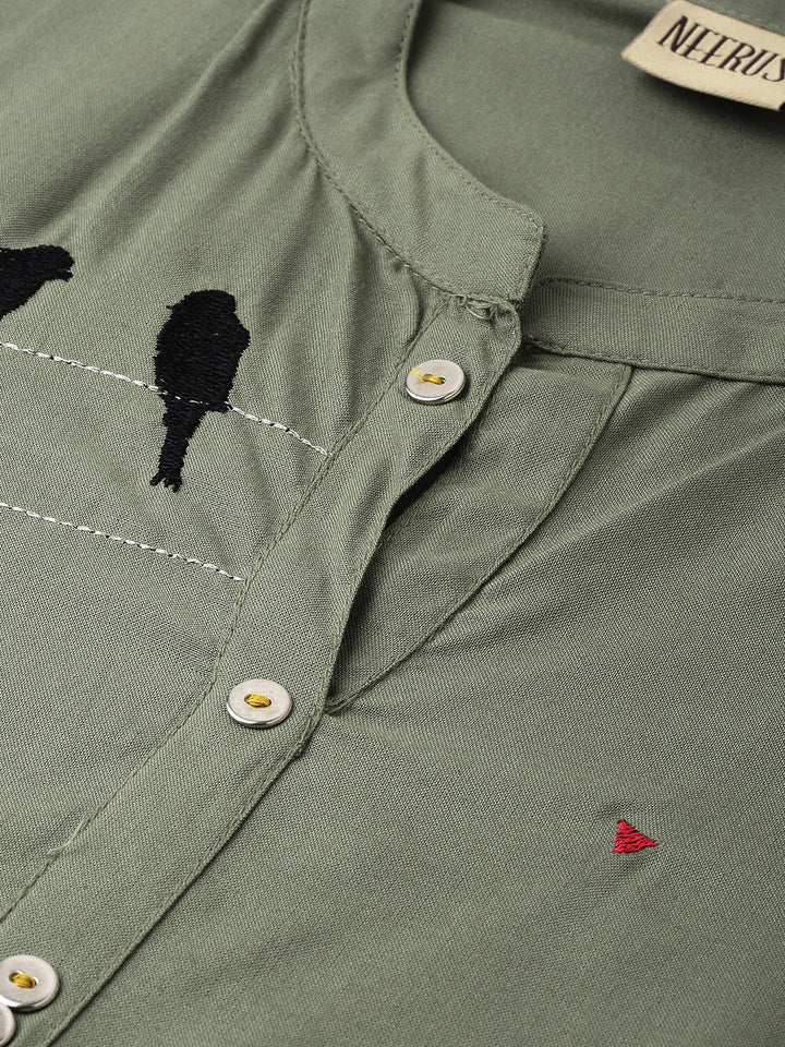 Neerus Green rayon embroidered straight kurta - side view