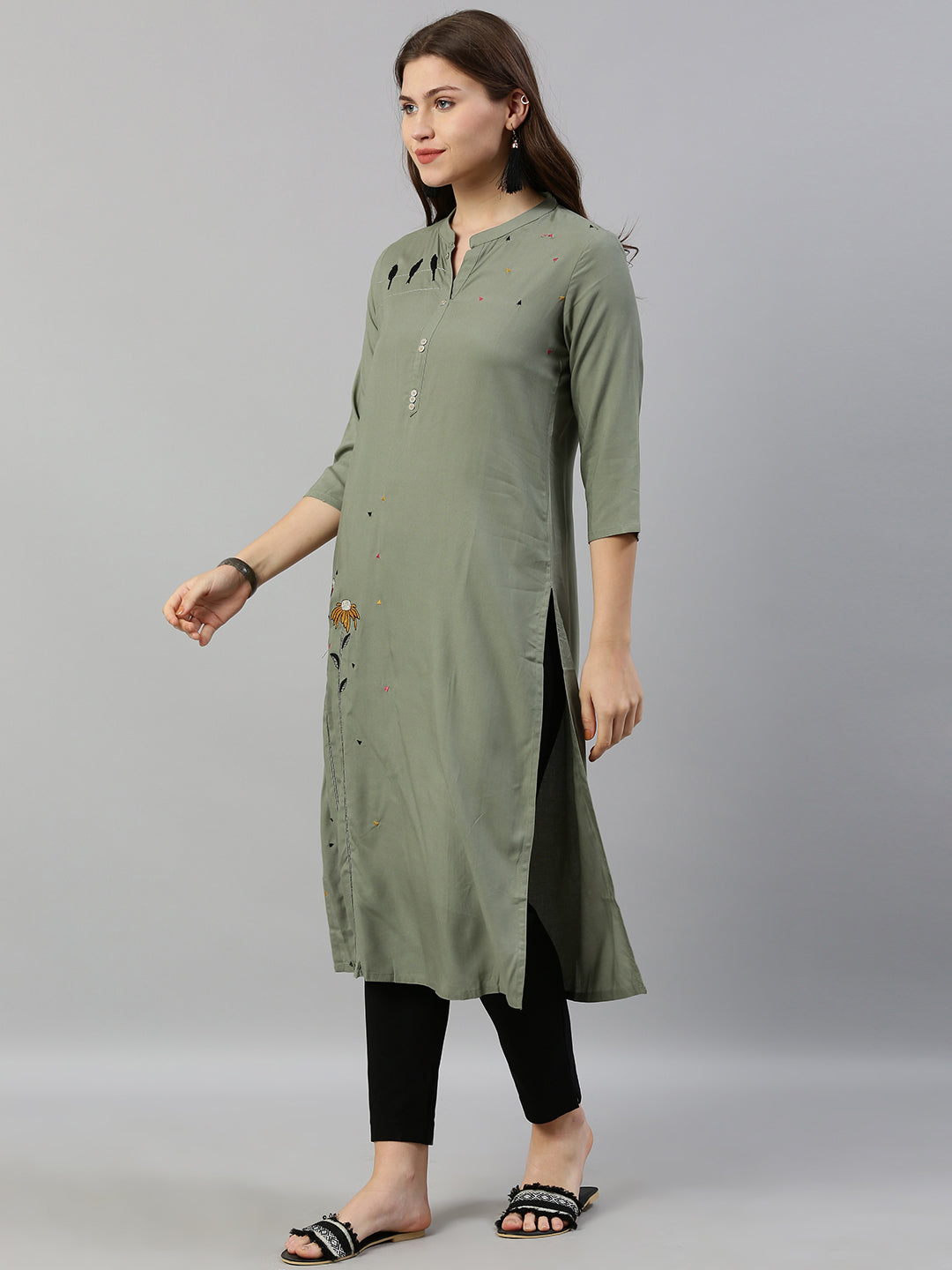 Neerus Green rayon embroidered straight kurta - detail view 1