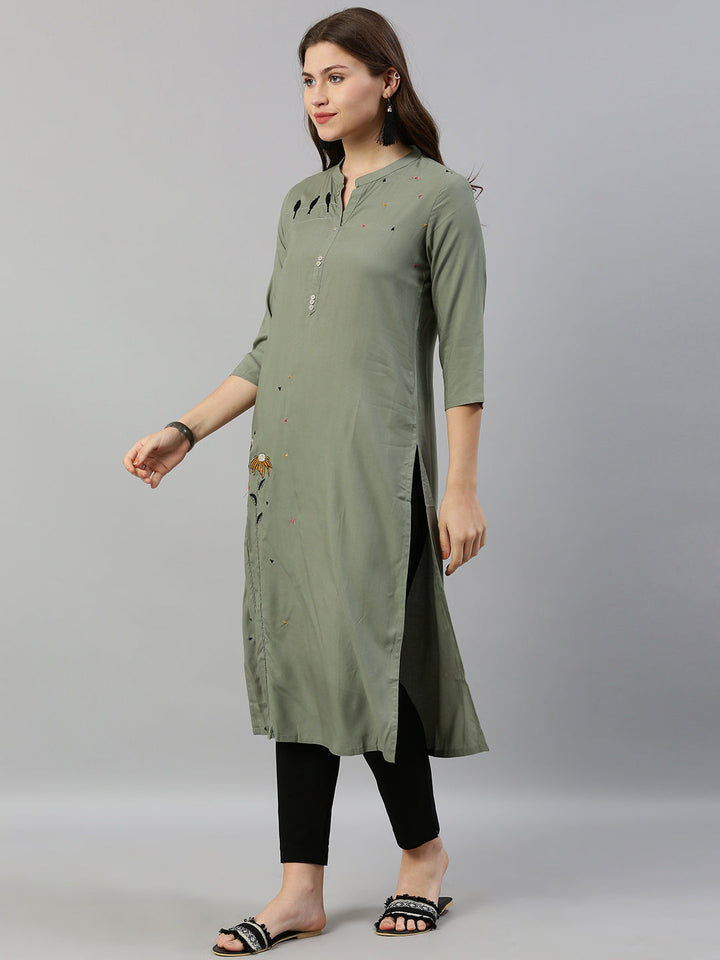 Neerus Green rayon embroidered straight kurta - detail view 1