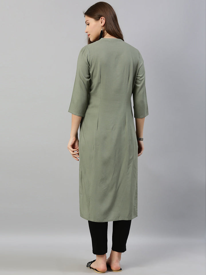 Neerus Green rayon embroidered straight kurta - detail view 2