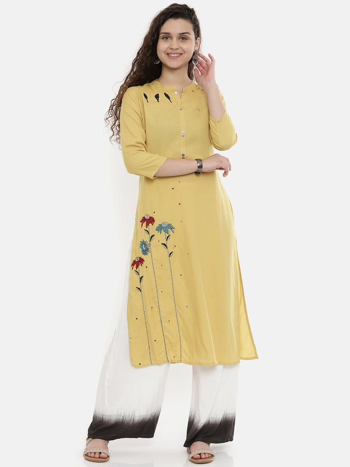 Neerus Yellow rayon embroidered straight kurta - front view
