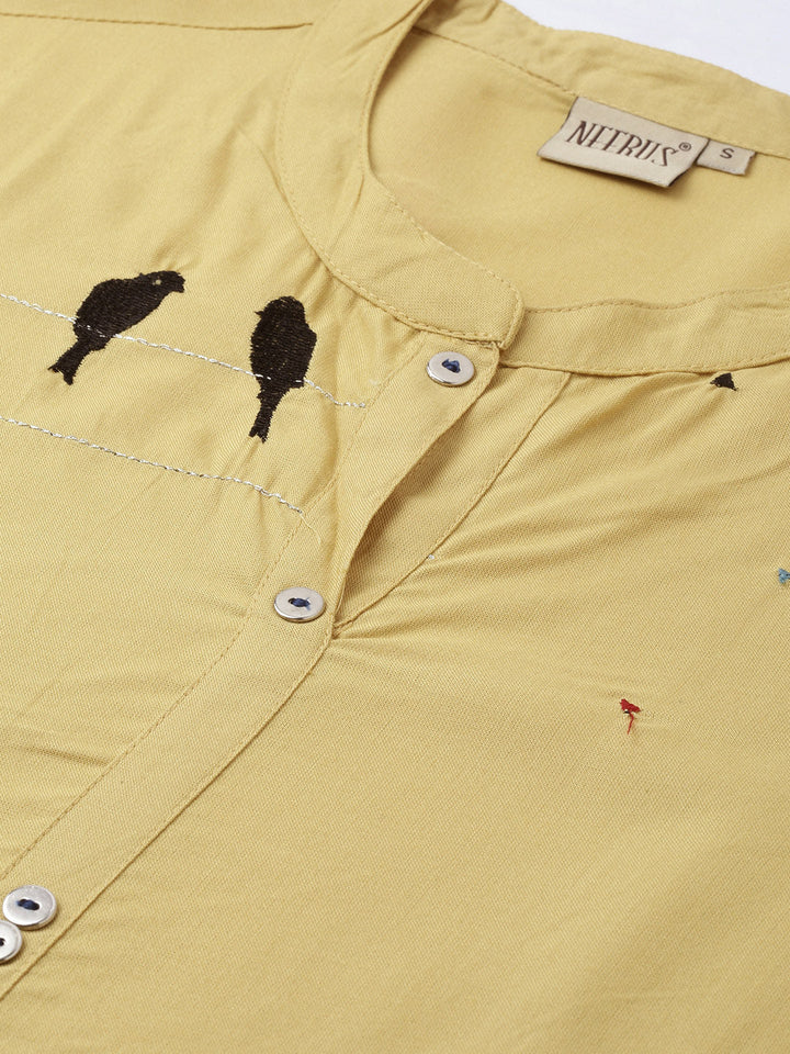 Neerus Yellow rayon embroidered straight kurta - side view