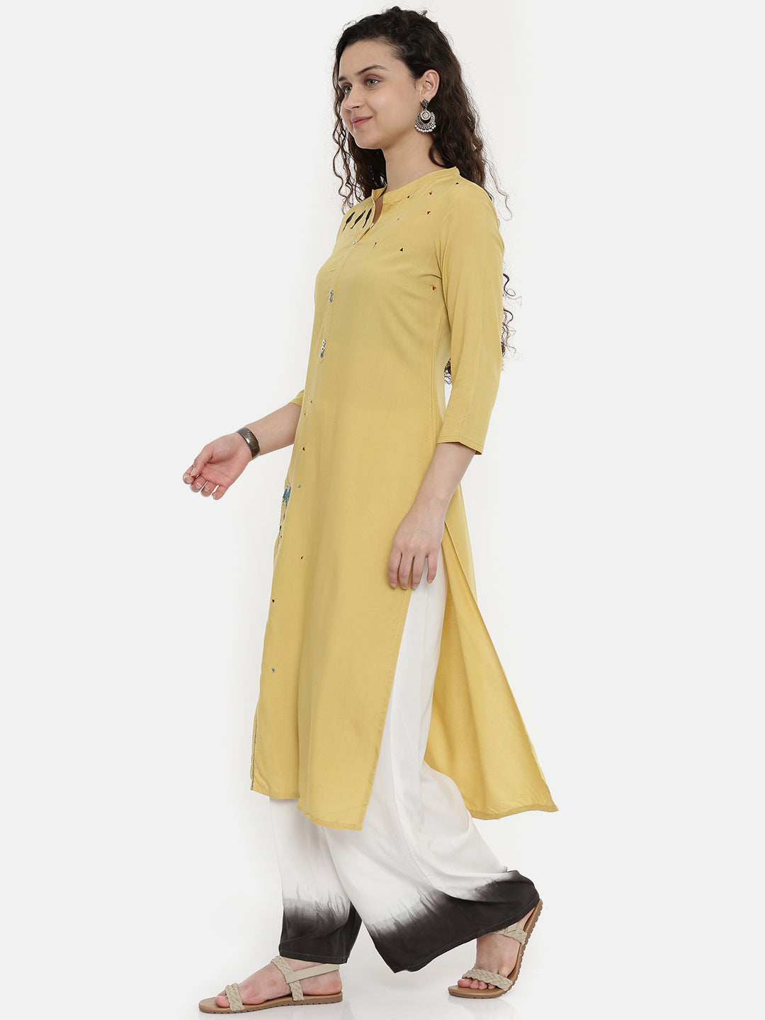 Neerus Yellow rayon embroidered straight kurta - detail view 1