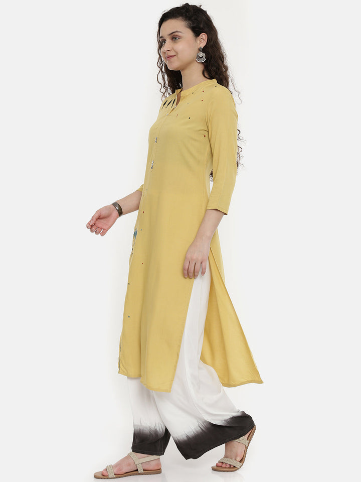 Neerus Yellow rayon embroidered straight kurta - detail view 1