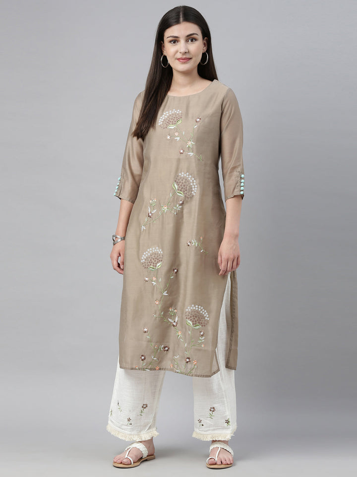 Neerus Beige embroidered kurta set with palazzo - front view