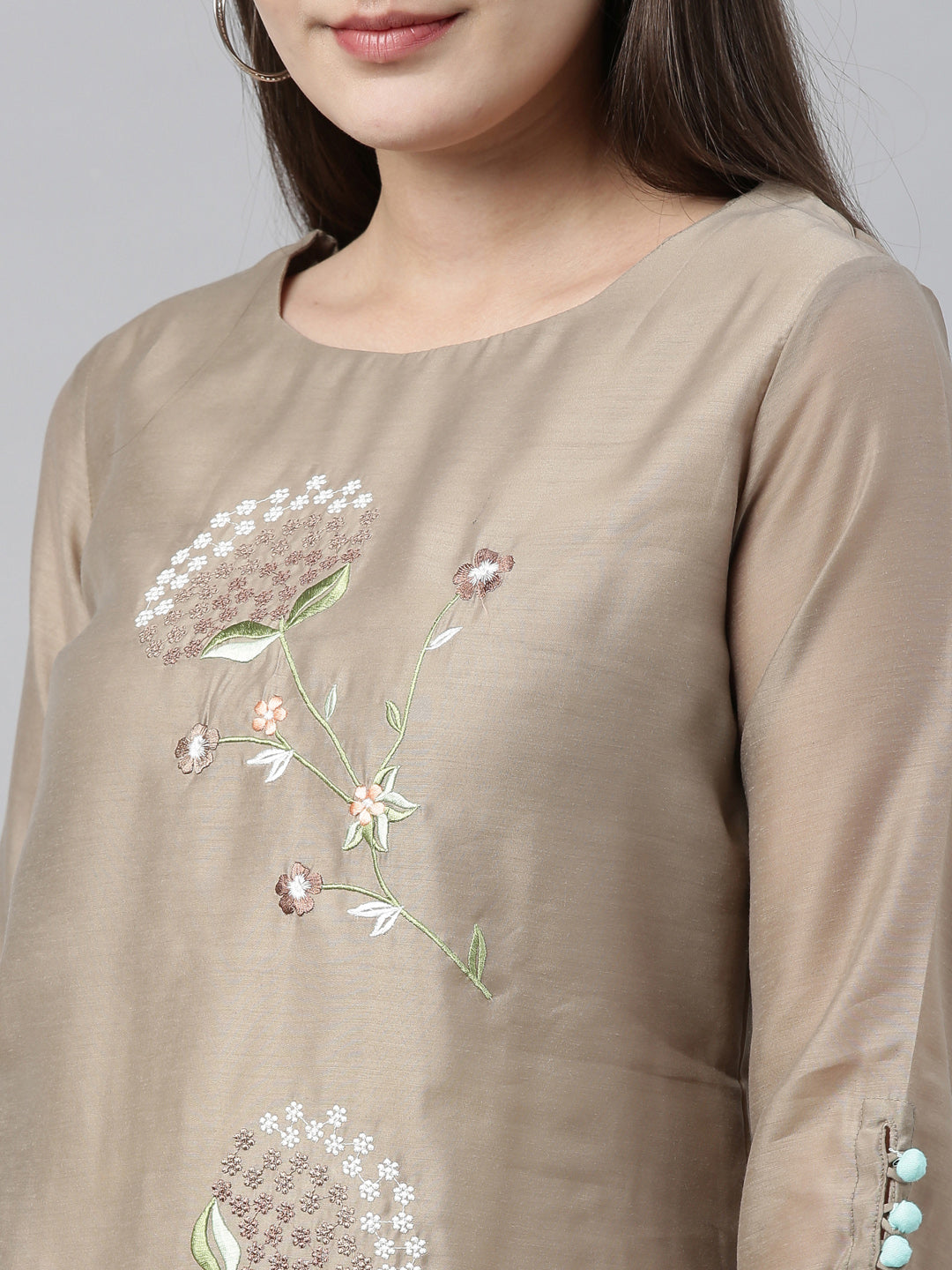 Neerus Beige embroidered kurta set with palazzo - back view
