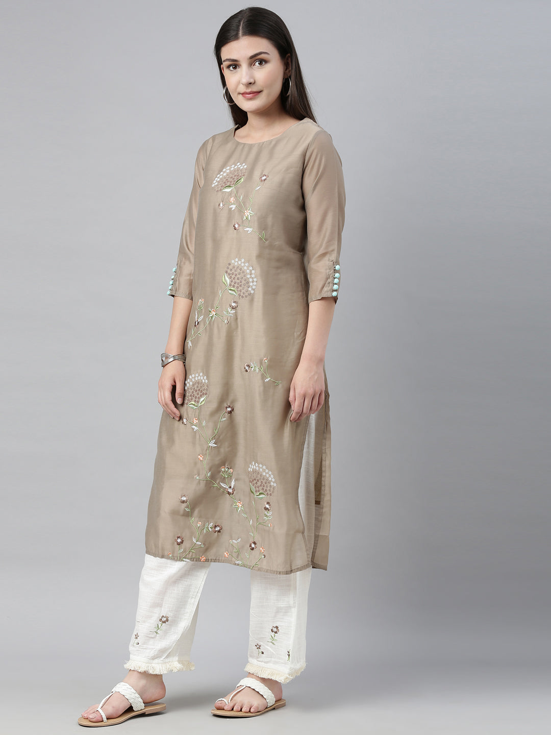 Neerus Beige embroidered kurta set with palazzo - detail view 3