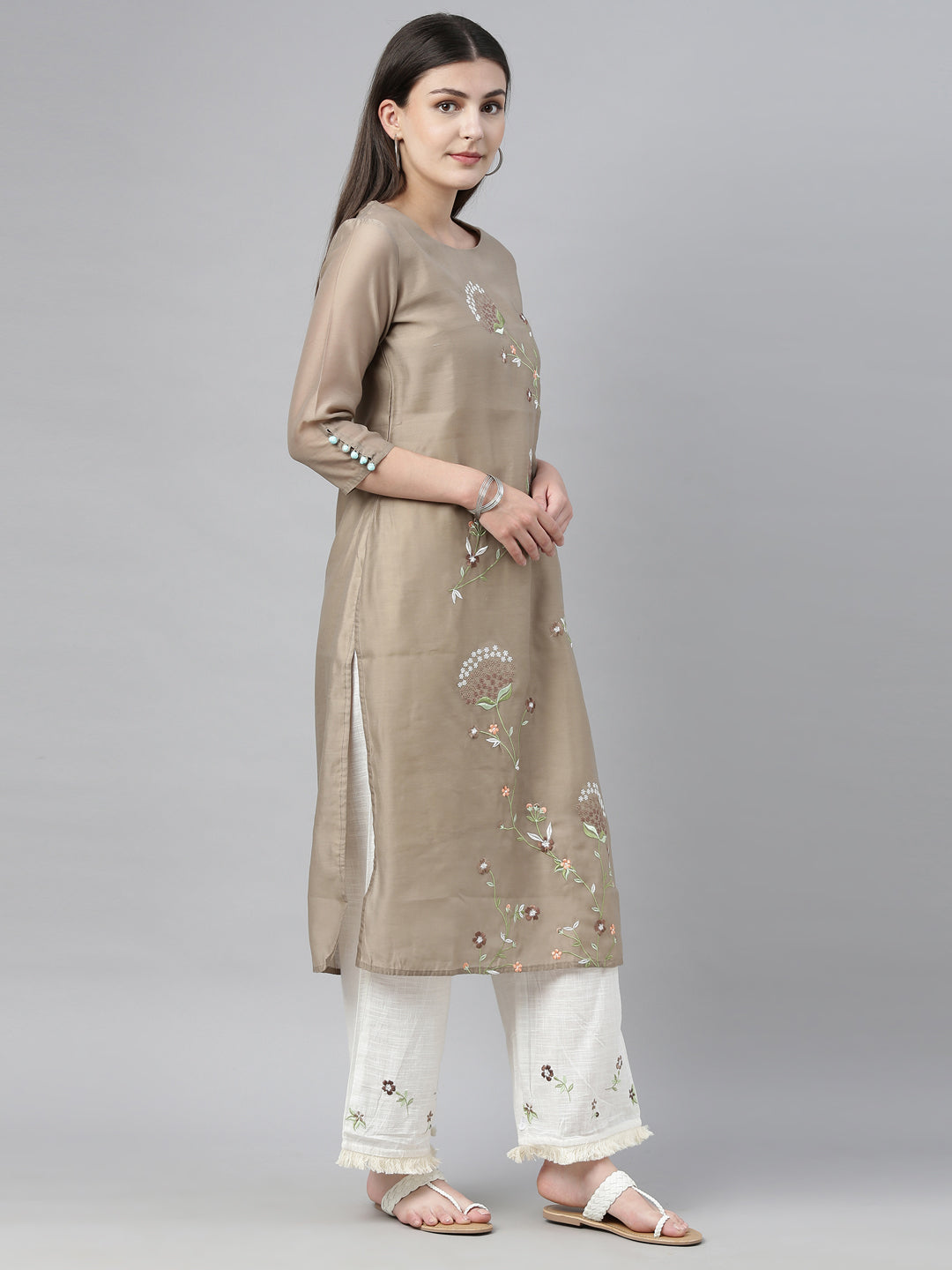 Neerus Beige embroidered kurta set with palazzo - detail view 4