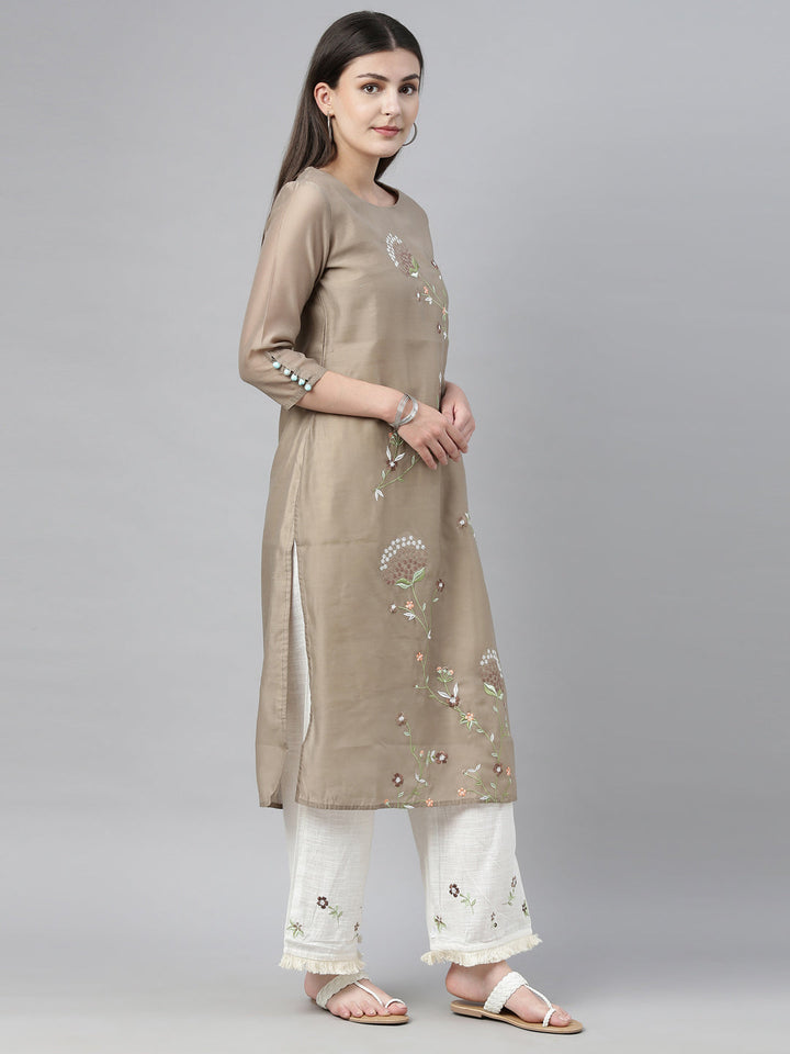 Neerus Beige embroidered kurta set with palazzo - detail view 4