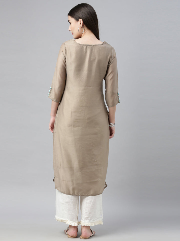 Neerus Beige embroidered kurta set with palazzo - detail view 5