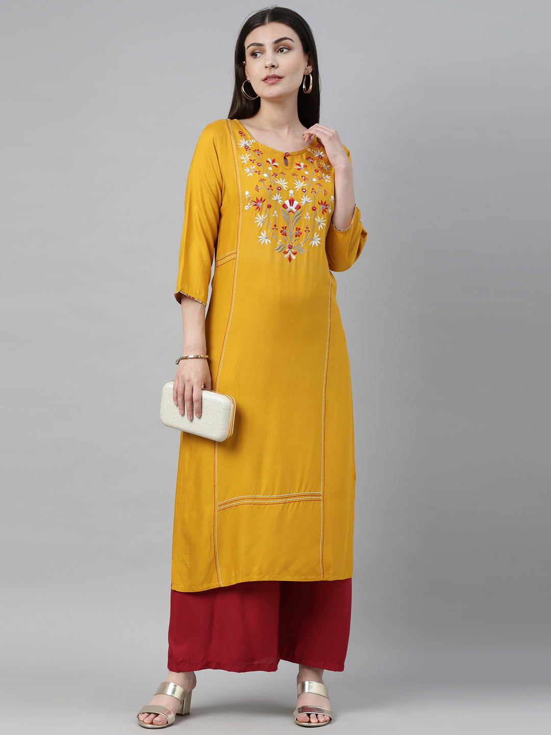 Neerus Yellow embroidered straight kurta - detail view 3