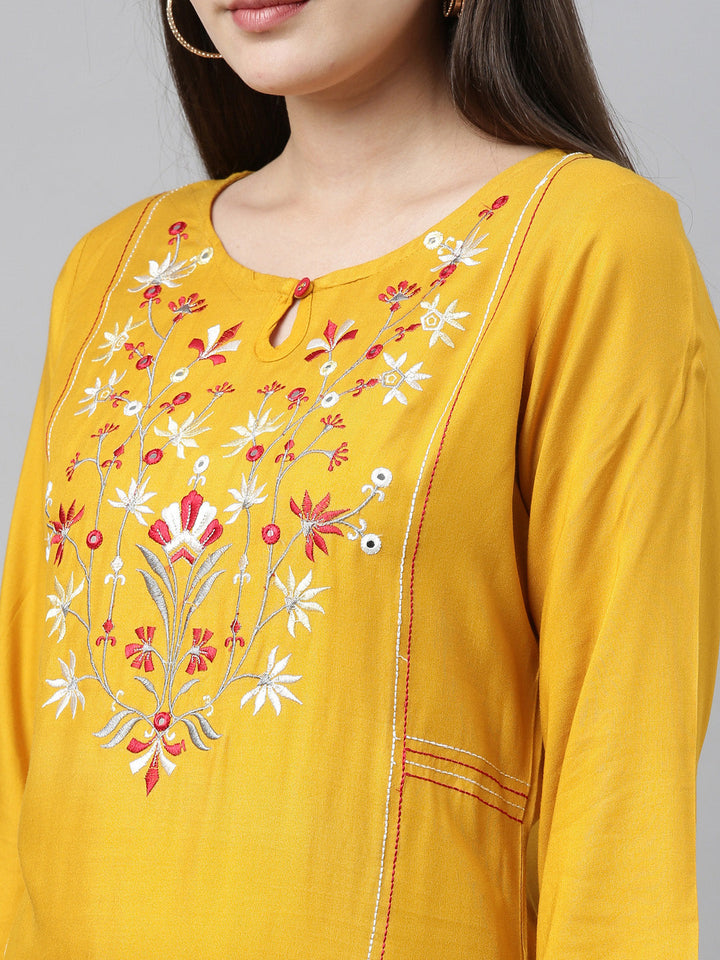 Neerus Yellow embroidered straight kurta - back view
