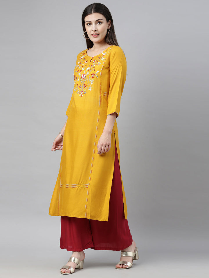 Neerus Yellow embroidered straight kurta - side view