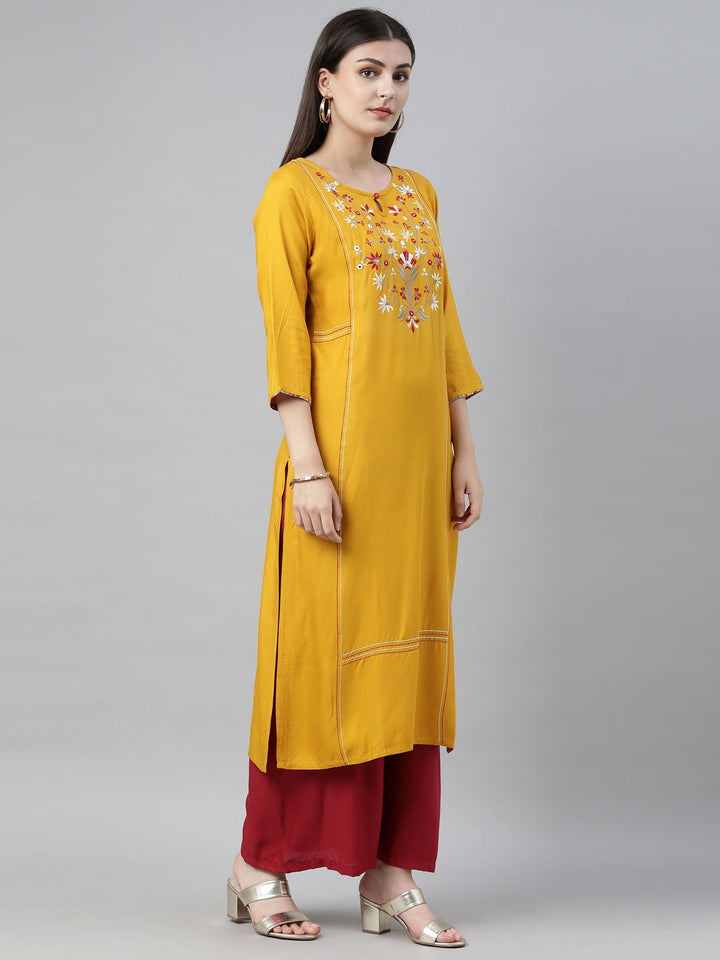 Neerus Yellow embroidered straight kurta - detail view 1