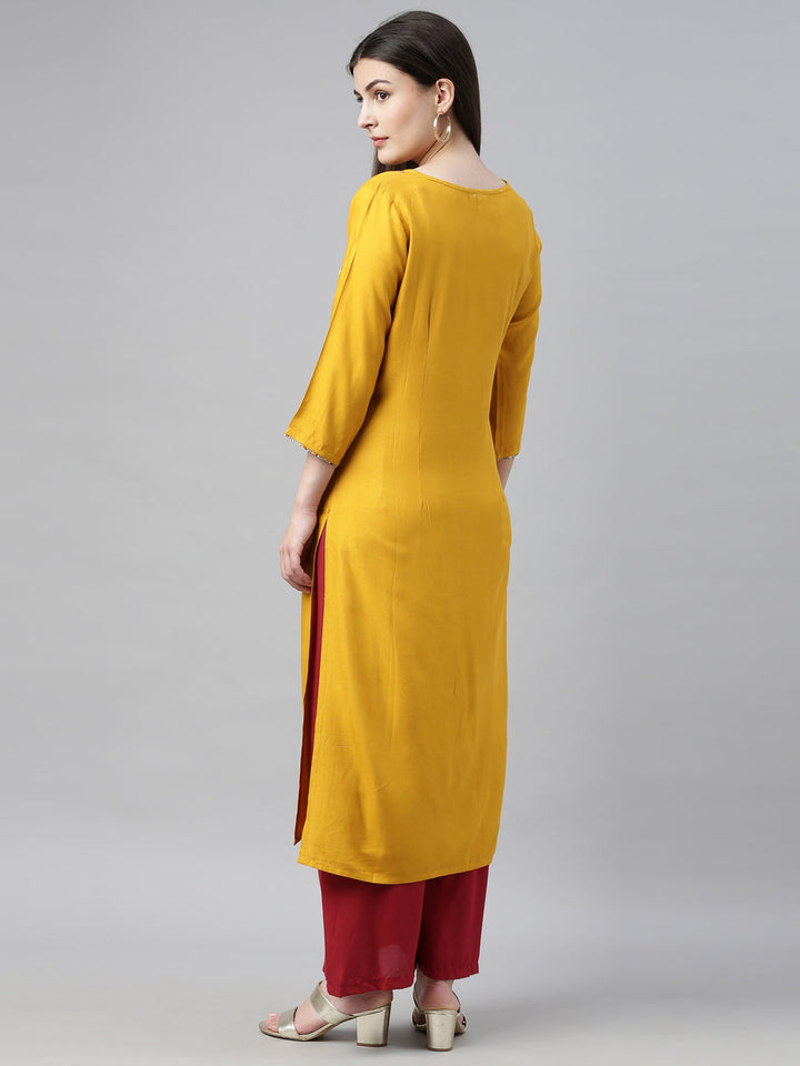 Neerus Yellow embroidered straight kurta - detail view 2