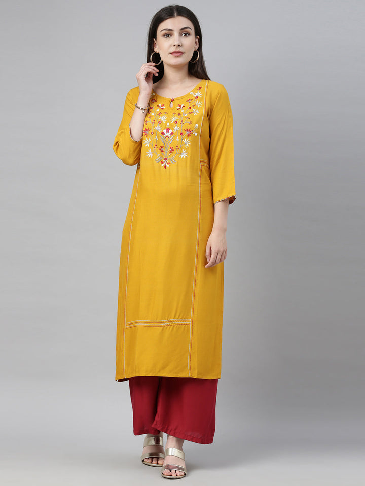 Neerus Yellow embroidered straight kurta - front view