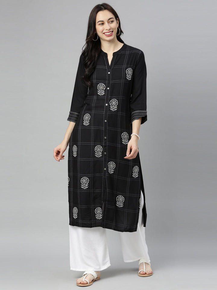 Neerus Black embellished zari straight kurta - front view