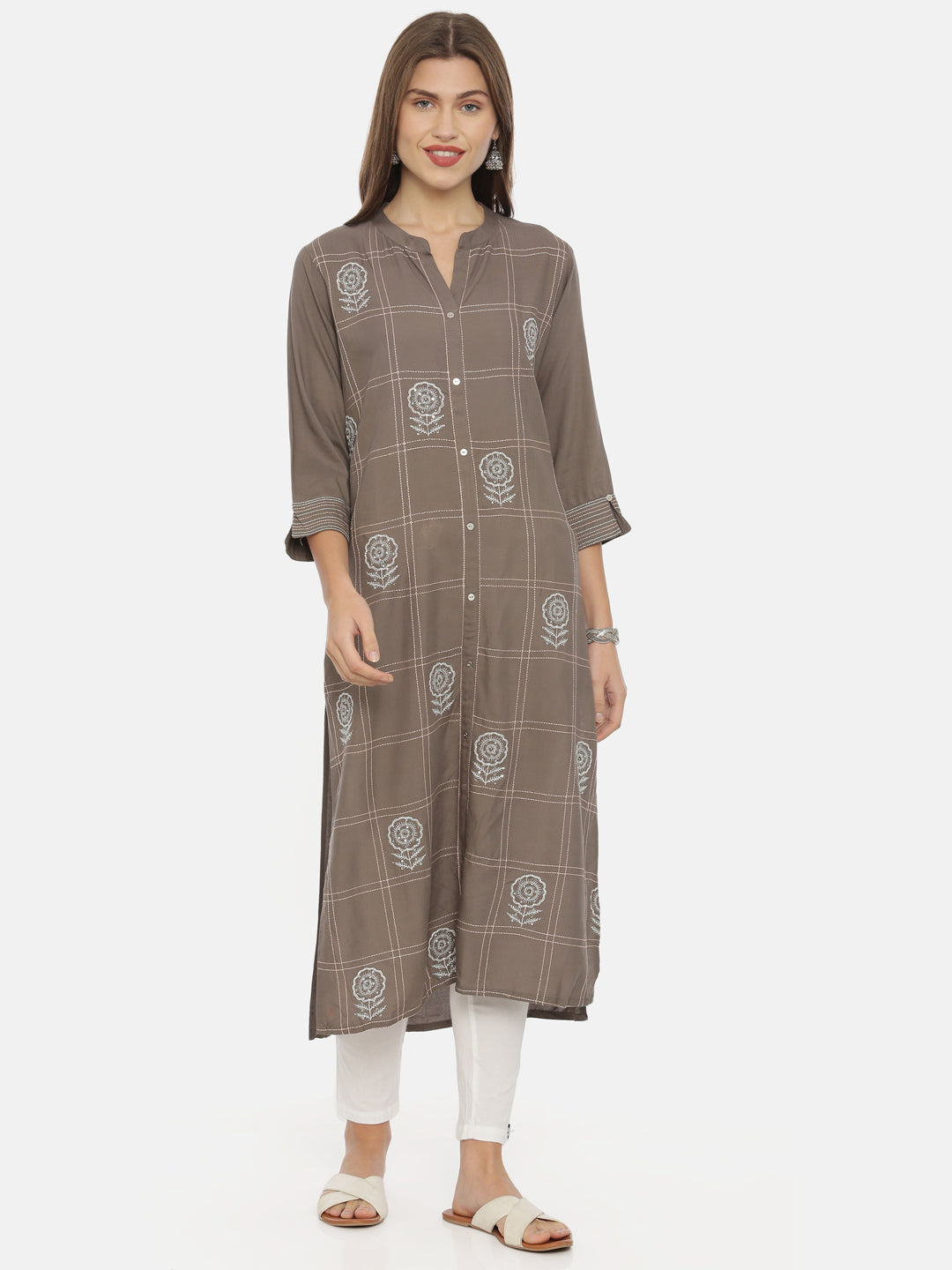 Neerus Grey rayon embroidered straight kurta - front view