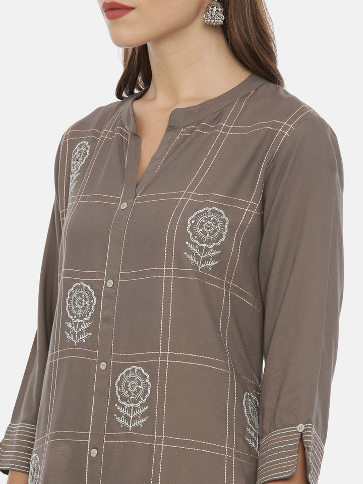 Neerus Grey rayon embroidered straight kurta - back view