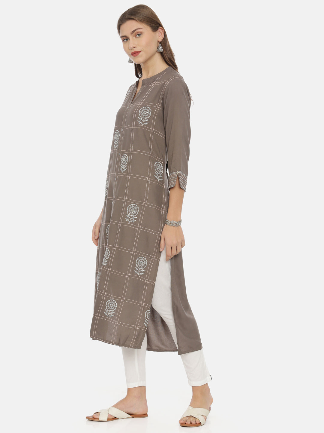 Neerus Grey rayon embroidered straight kurta - side view