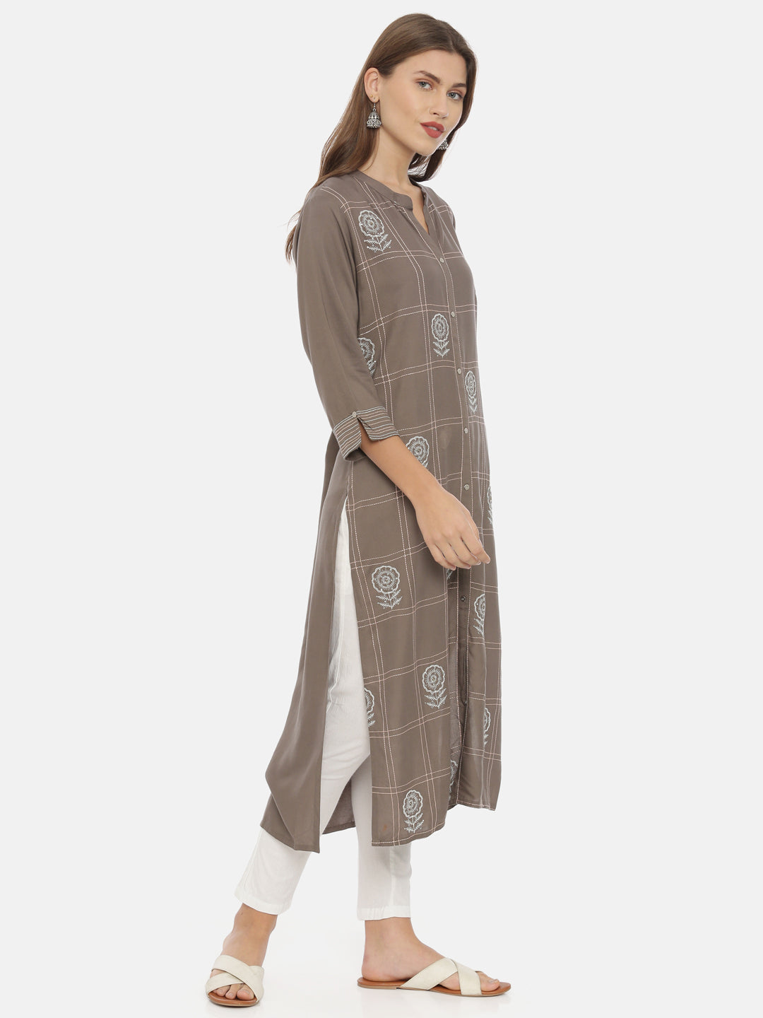 Neerus Grey rayon embroidered straight kurta - detail view 1