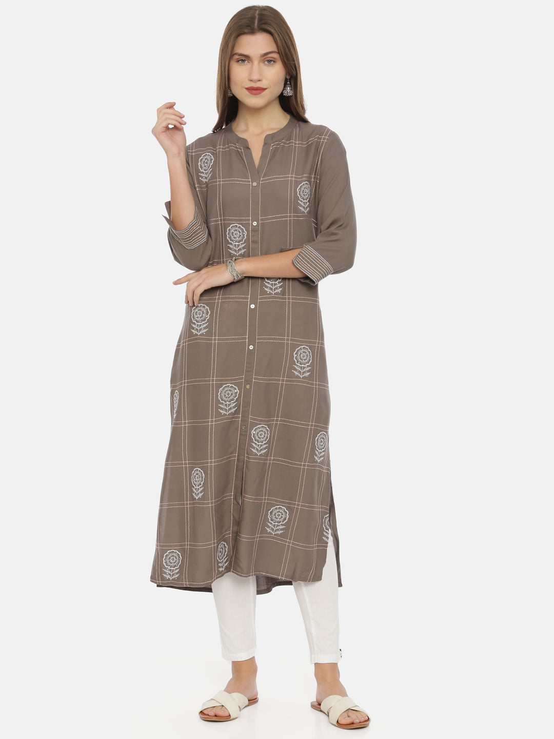 Neerus Grey rayon embroidered straight kurta - detail view 3