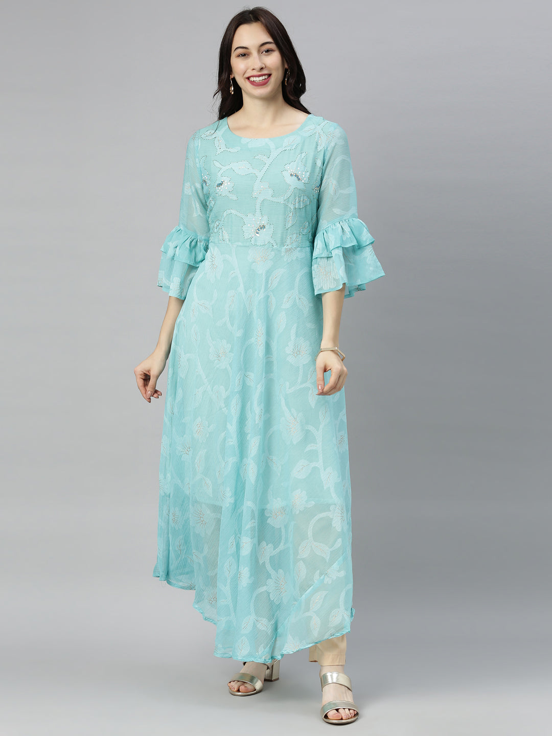 Neerus Green chiffon solid tunic dress - front view