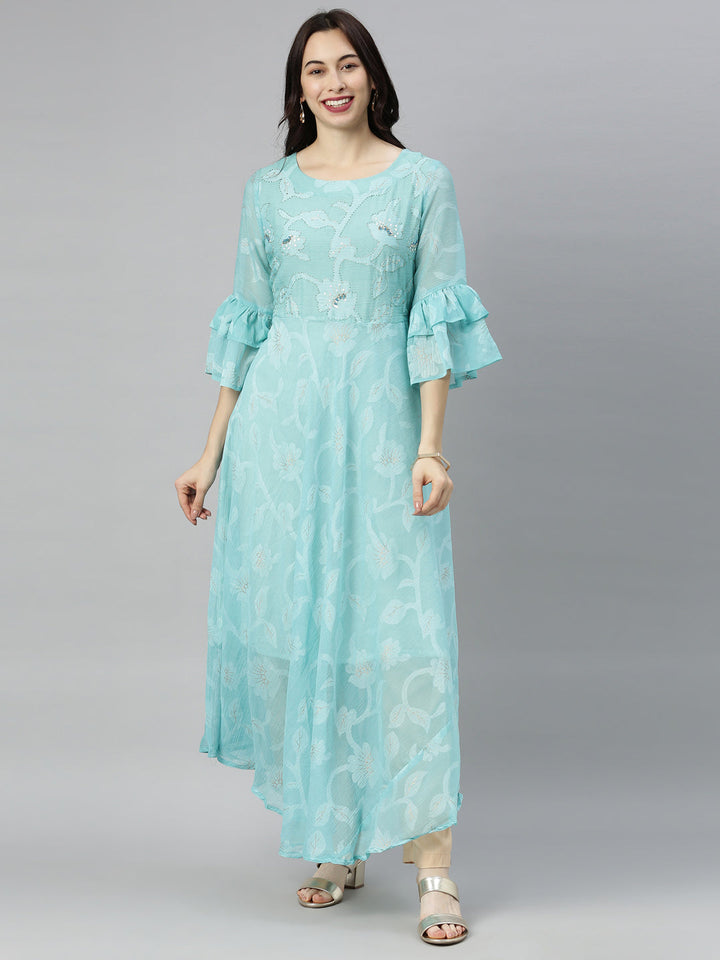 Neerus Green chiffon solid tunic dress - front view