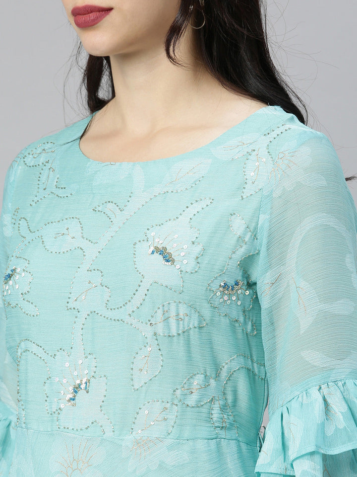 Neerus Green chiffon solid tunic dress - back view