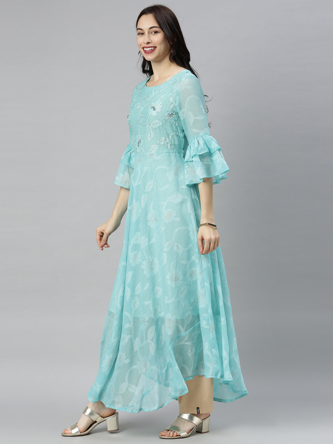Neerus Green chiffon solid tunic dress - detail view 3