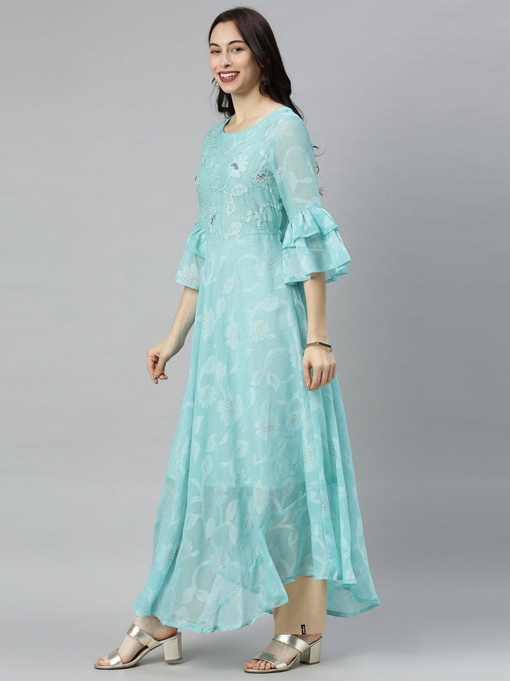 Neerus Green chiffon solid tunic dress - detail view 3
