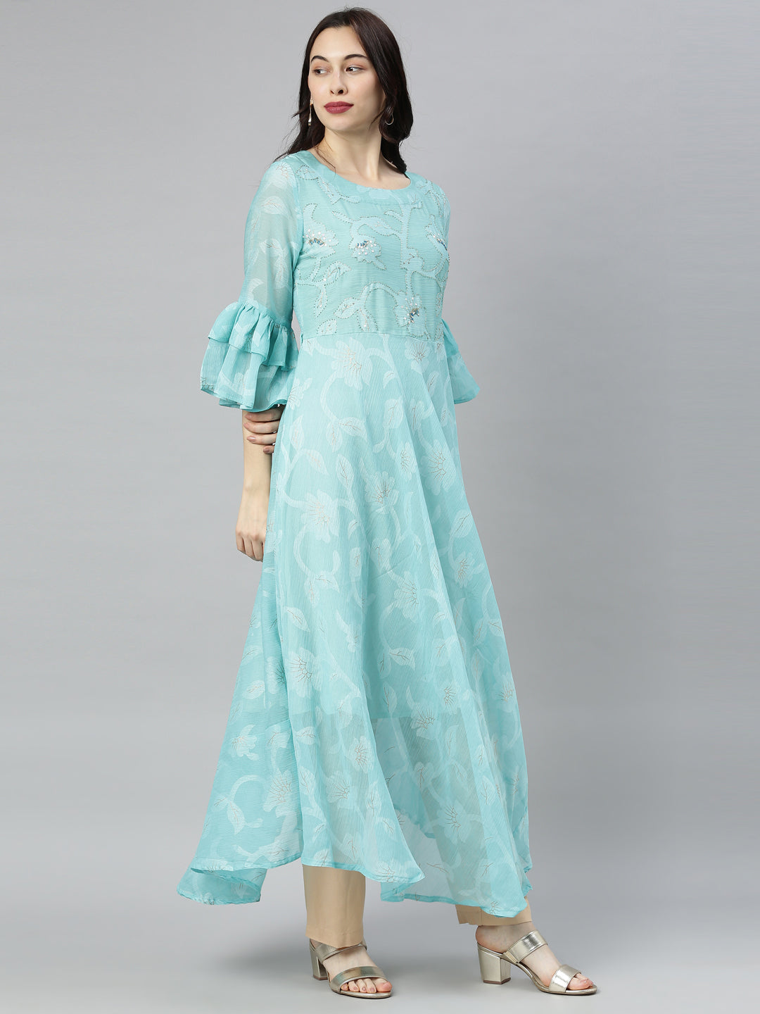Neerus Green chiffon solid tunic dress - detail view 4