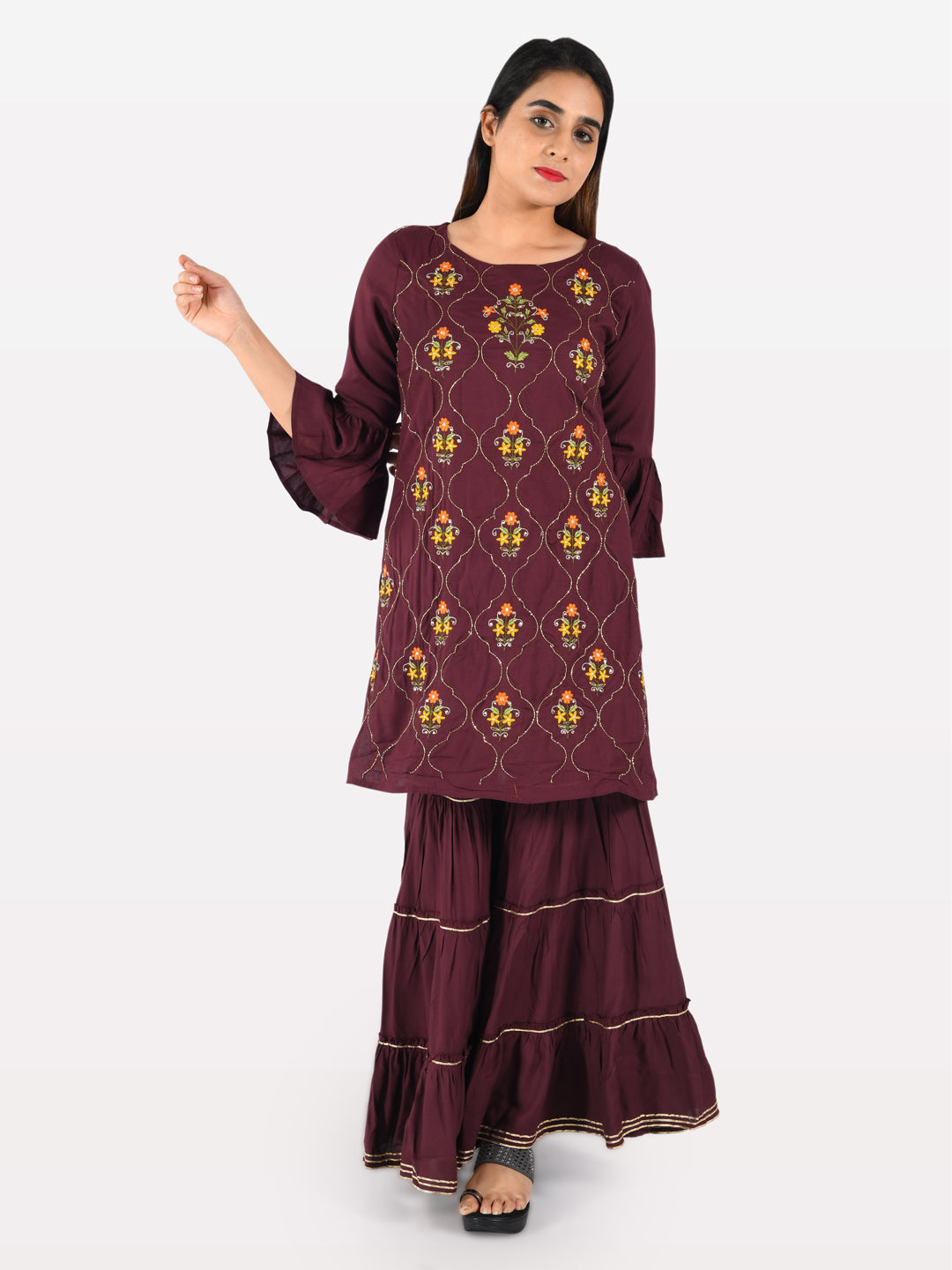 Neerus Purple rayon embroidered straight kurta with sharara - front view