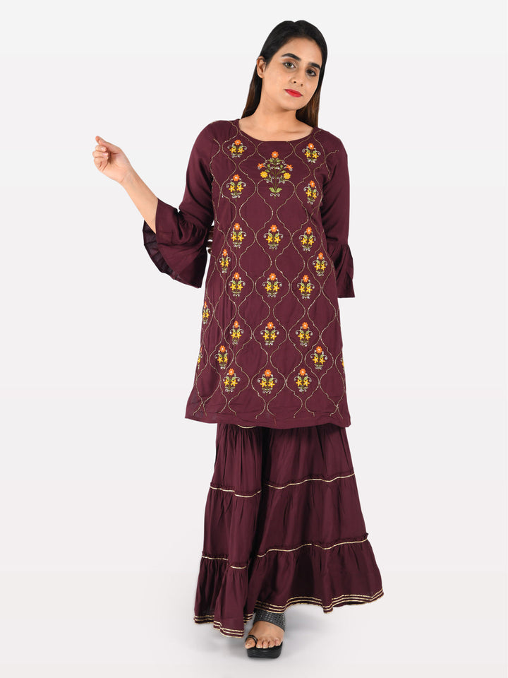 Neerus Purple rayon embroidered straight kurta with sharara - front view