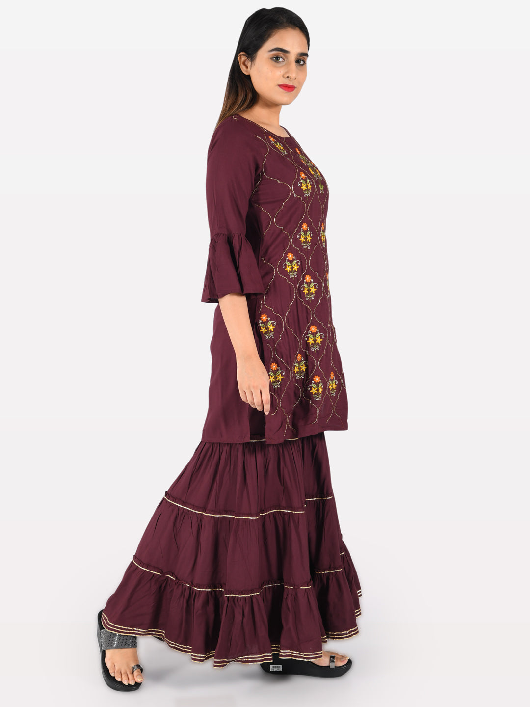 Neerus Purple rayon embroidered straight kurta with sharara - back view