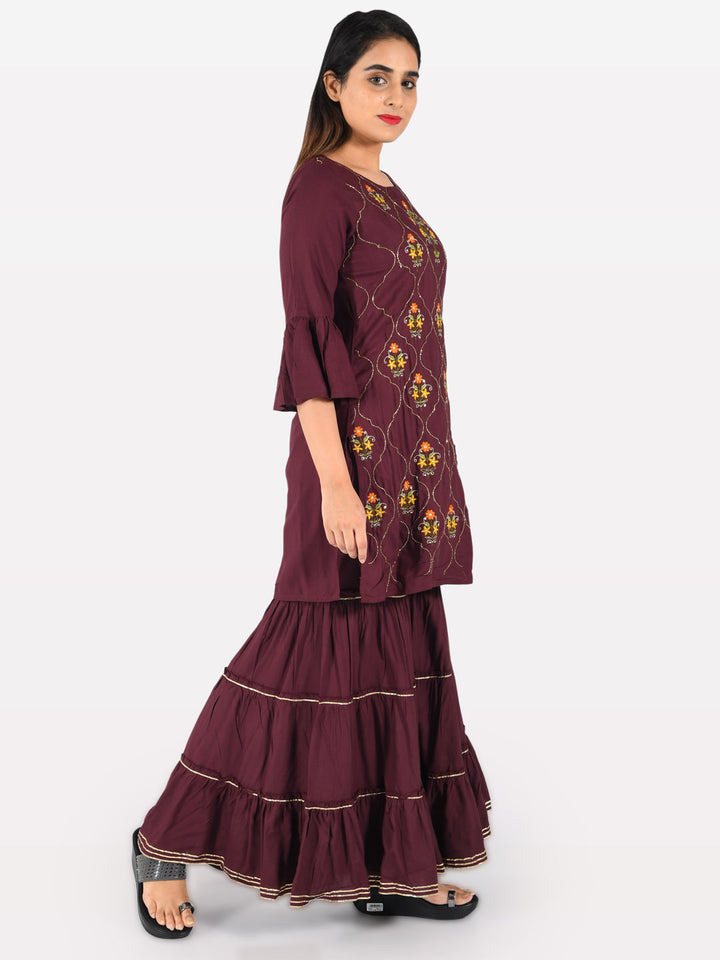 Neerus Purple rayon embroidered straight kurta with sharara - back view