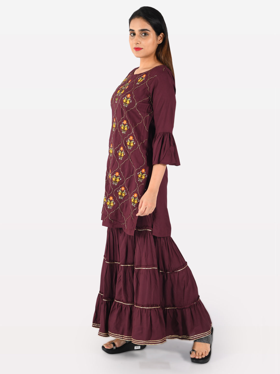 Neerus Purple rayon embroidered straight kurta with sharara - side view