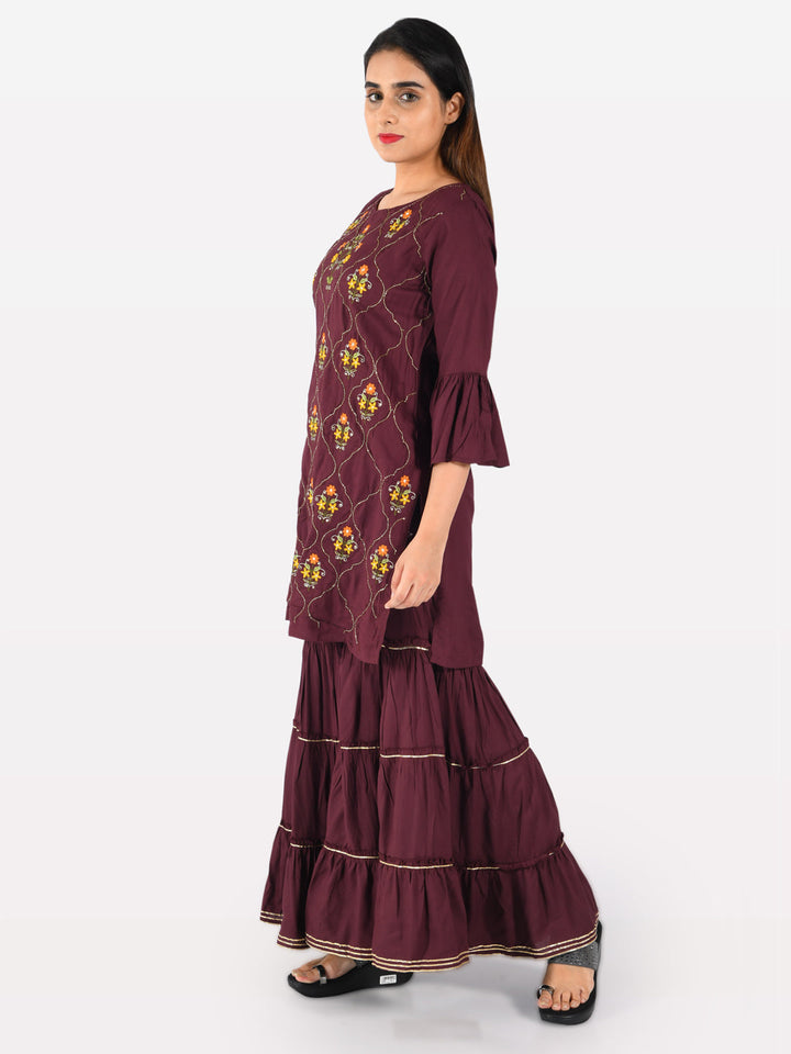 Neerus Purple rayon embroidered straight kurta with sharara - side view