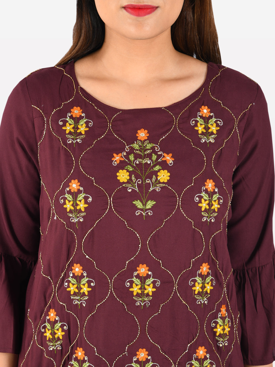 Neerus Purple rayon embroidered straight kurta with sharara - detail view 1