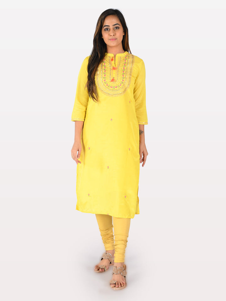 Neerus Yellow embroidered straight kurta - detail view 2
